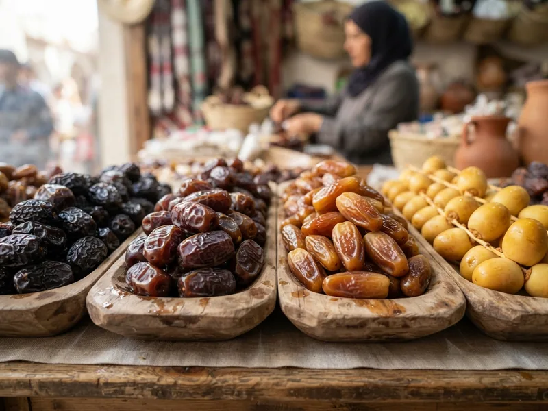 Farklı hurma çeşitlerinin yan yana sergilendiği tezgâh detayı