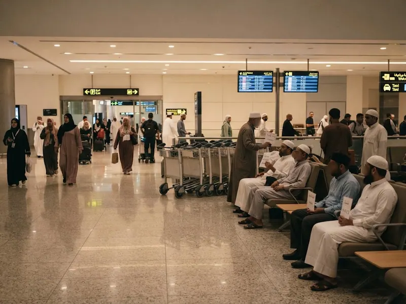 Havalimanı geliş salonu, karşılama alanı ve bagaj arabaları — Medine'den Mekke'ye Trenle Kaç Saat Sürer? 2026