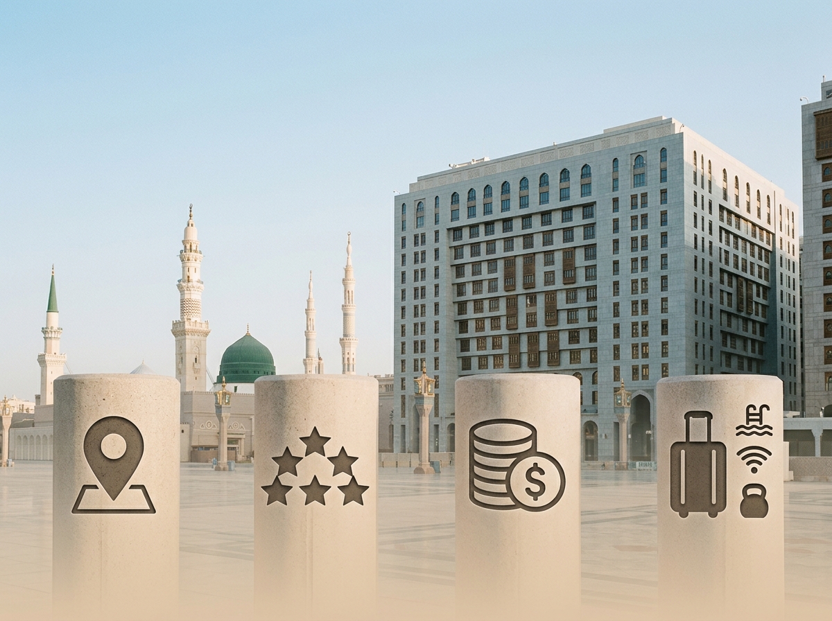 Medine otelleri rehberi özet infografiği, seçim kriterleri