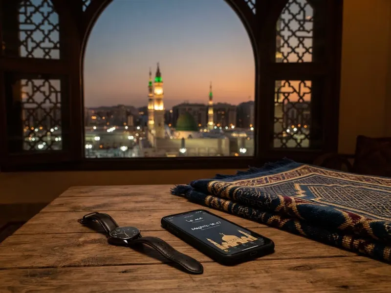 Medine namaz vakti uygulaması açık telefon ve kol saati, pencerede akşam vakti Medine manzarası — Medine Namaz Vakitleri Yer…