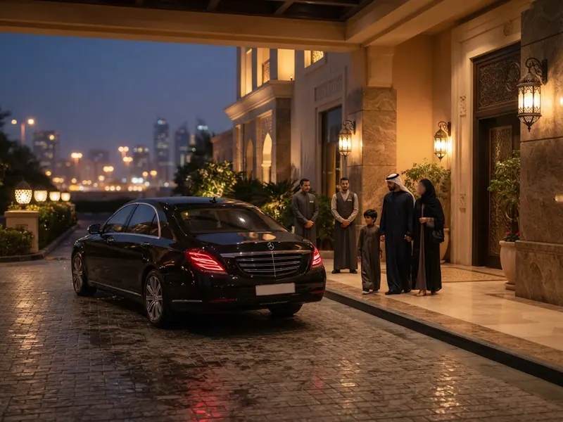 Akşamüstü otel girişinde bekleyen VIP sedan araç — Medine VIP Transfer Rehberi 2026: Lüks Ulaşım Seçenekleri