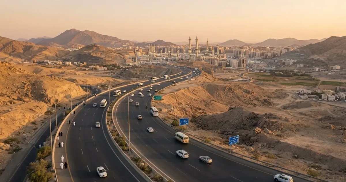 Kutsal şehre uzanan çöl otoyolunun kuş bakışı görünümü — Medine VIP Transfer Rehberi 2026: Lüks Ulaşım Seçenekleri