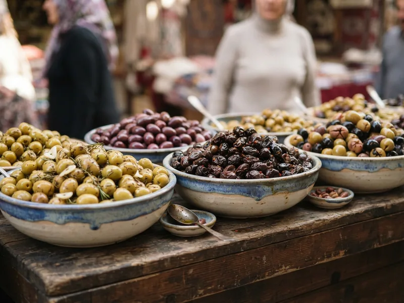 Farklı zeytin çeşitlerinin kaselerde sergilendiği pazar detayı