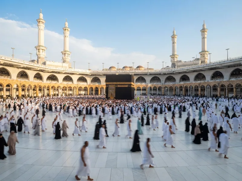 Mekke'de sabah tavafı — Mescid-i Harâm avlusu ve Kâbe çevresinde hareketlilik