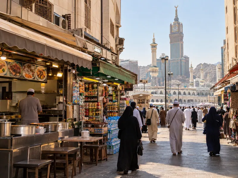 Mekke'de Harem çevresindeki lokantalar ve marketler — Mekke'de Günlük Yaşam: Bireysel Umreciler İçin Rehber 2026