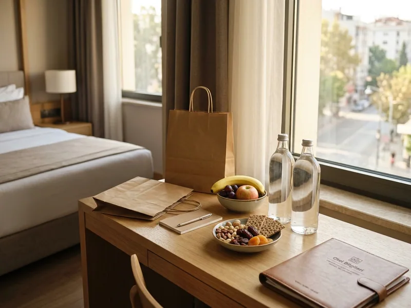 Umre konaklaması sırasında market alışverişi sonrası düzenlenmiş otel odası masası