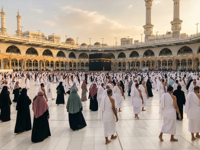 Mescid-i Haram avlusunda yürüyen umreciler — Mekke ve Medine'ye Trenle Gitmek Mümkün mü? 2026