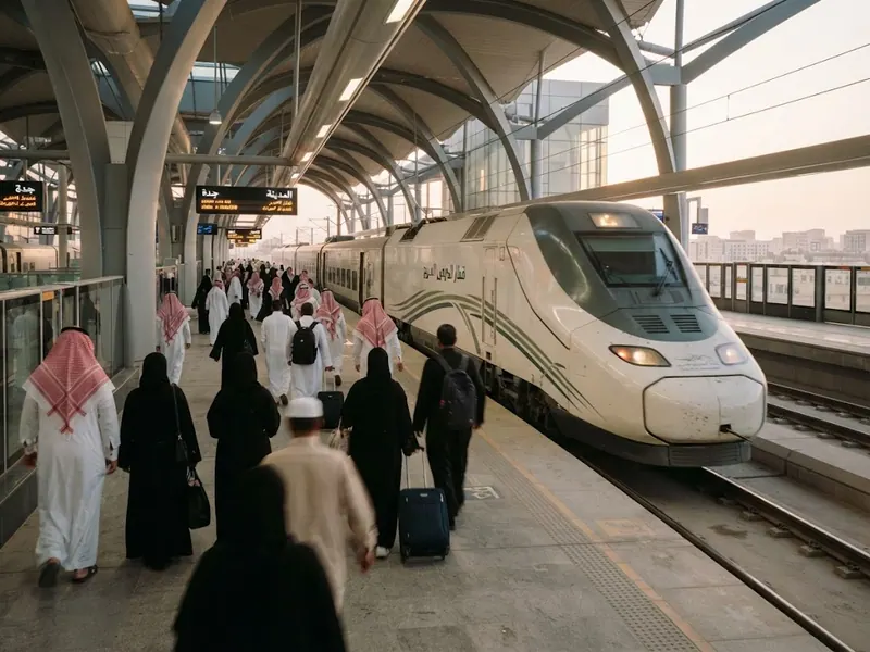 Modern istasyon peronuna yanaşan Haramain hızlı treni — Mekke ve Medine Ulaşımı 2026: Tren, Uçak ve Karayolu