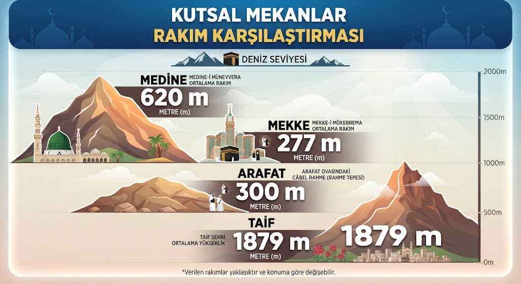 Mekke ve kutsal mekanların rakım karşılaştırma tablosu