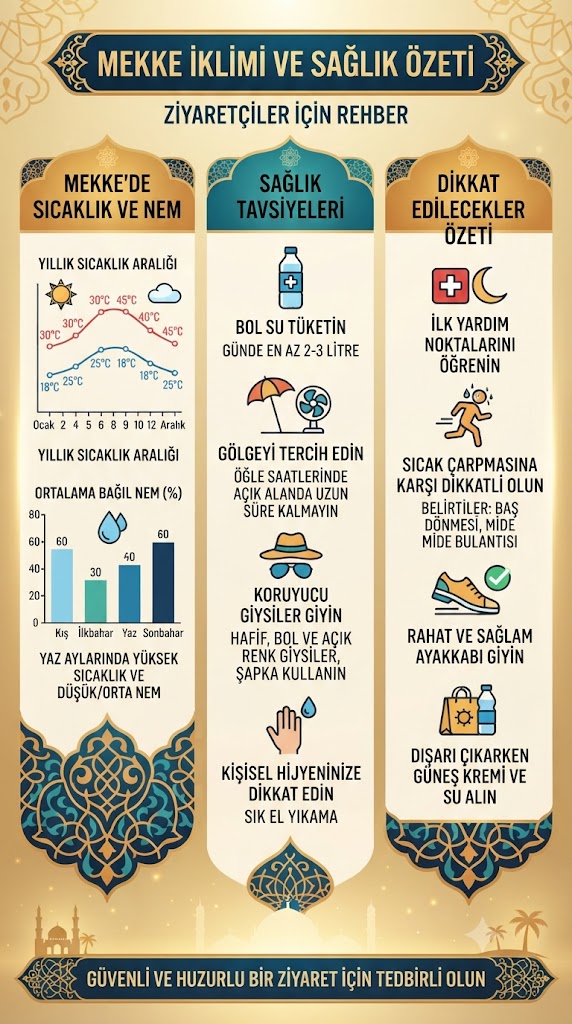 Mekke'de sıcaklık ve nem tablosu, sağlık tavsiyeleri özeti