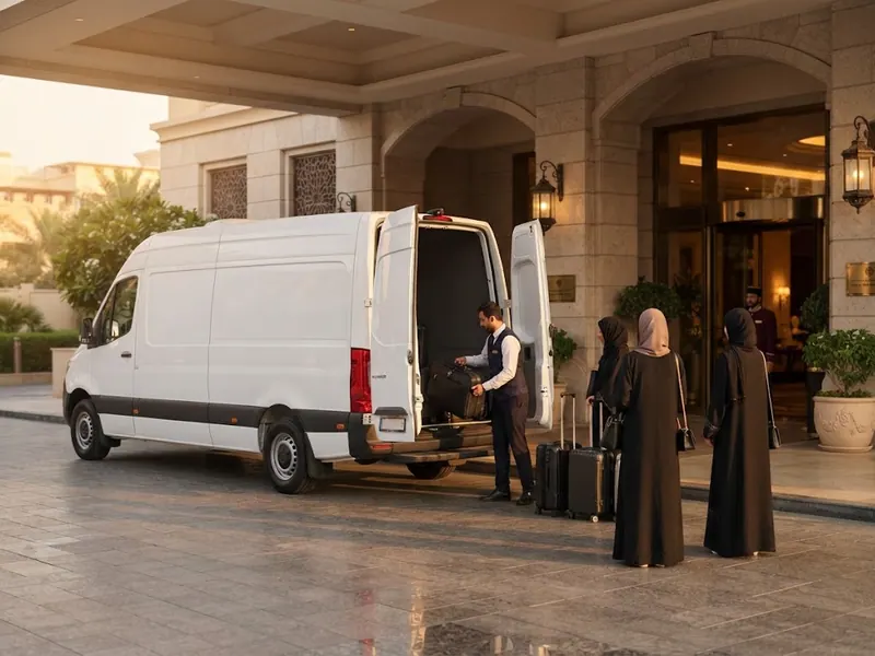 Otel önünde bekleyen beyaz transfer aracı ve yüklenen bavullar — Mekke Trenle Nasıl Gidilir? 2026 Haramain Hızlı Tren Rehberi