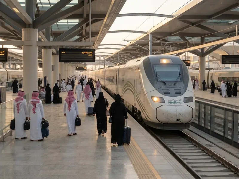 Modern istasyon peronuna yanaşan Haramain hızlı treni — Mekke Türkiye Saat Farkı 2026: Kaç Saat ve Namaz Vakti