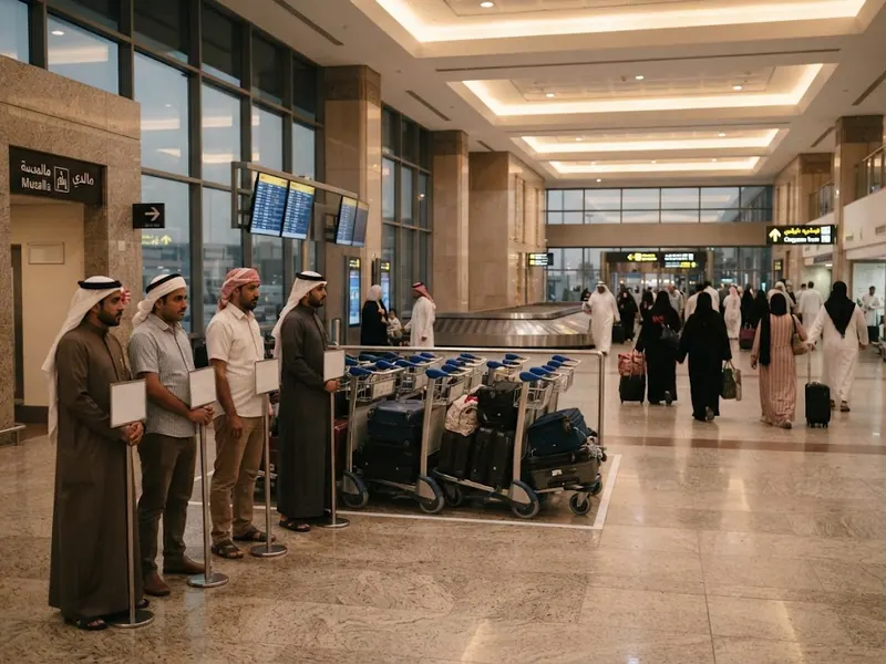 Havalimanı geliş salonu, karşılama alanı ve bagaj arabaları — Mekke VIP Transfer 2026: Lüks Ulaşım ve Şoförlü Araç