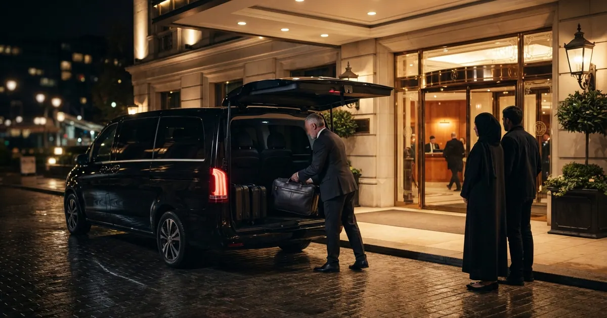 Gece aydınlatmalı otoyolda yolculuk, ufukta şehir ışıkları — Mekke VIP Transfer 2026: Lüks Ulaşım ve Şoförlü Araç