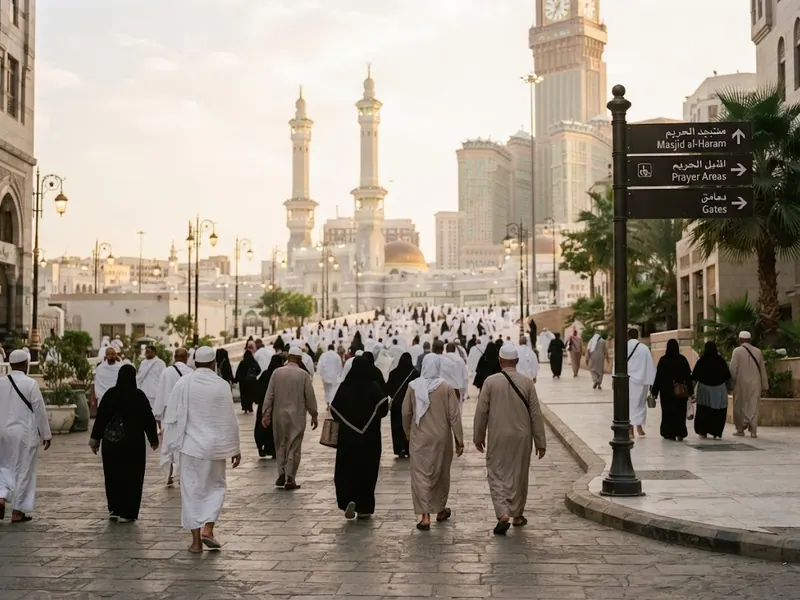 Mescid-i Haram'a giden yaya yolu ve yönlendirme tabelaları — Mekke'de Yürüme Mesafesi 2026 — Mescid-i Haram'a Kaç Dakika?