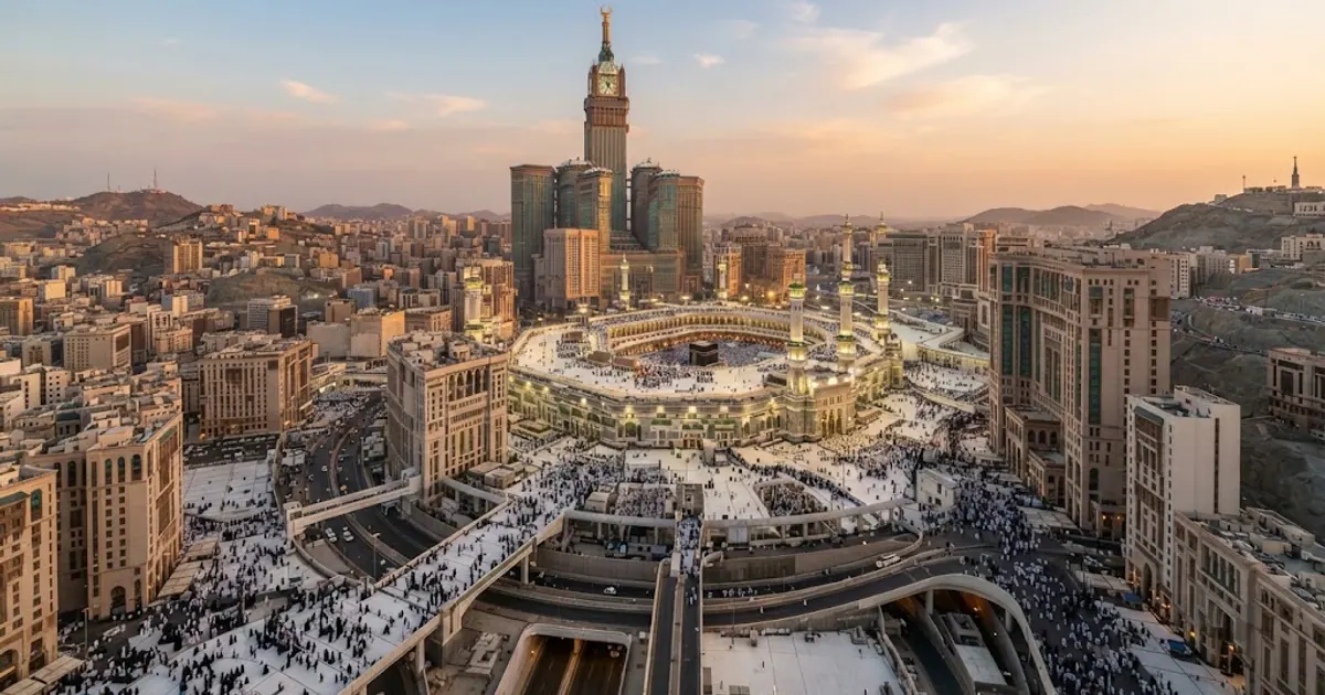 Mescid-i Haram çevresindeki otel bölgelerinin kuş bakışı görünümü — Mekke'de Yürüme Mesafesi 2026 — Mescid-i Haram'a Kaç Dak…