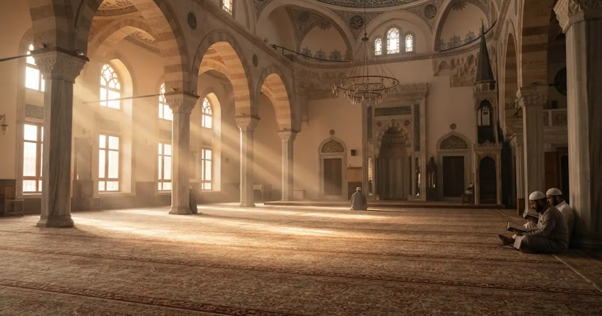 Namaz sonrası sakin cami içi, kemerlerden süzülen ışık — Mescid-i Cuma 2026: İlk Cuma Namazının Kılındığı Yer