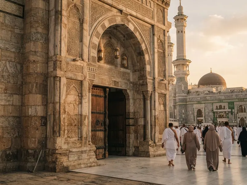 Mekânın tarihî taş işçiliği ve giriş kapısı yakın plan — Mescid-i Haram 2026: Dünyanın En Büyük ve Kutsal Camii