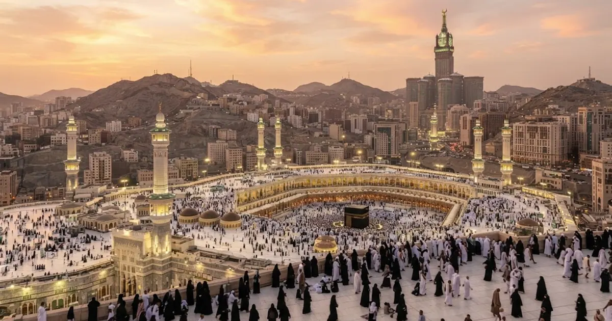Mekândan gün batımında çevre manzarasının panoramik görünümü — Mescid-i Haram 2026: Dünyanın En Büyük ve Kutsal Camii