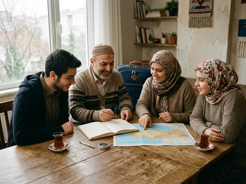 Umre programı planlaması yapan aile ve takvim üzerinde not alma sahnesi