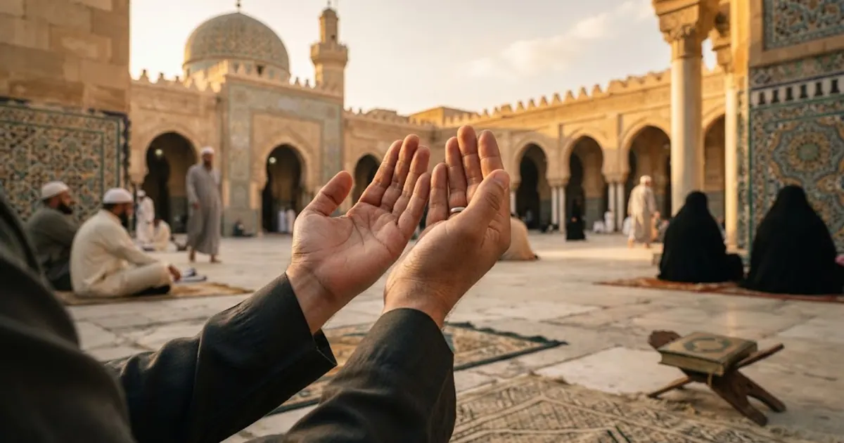 Güneşli cami avlusunda dua için açılmış eller — Mikat Nedir? İhram Sınırları ve Mikat Noktaları 2026