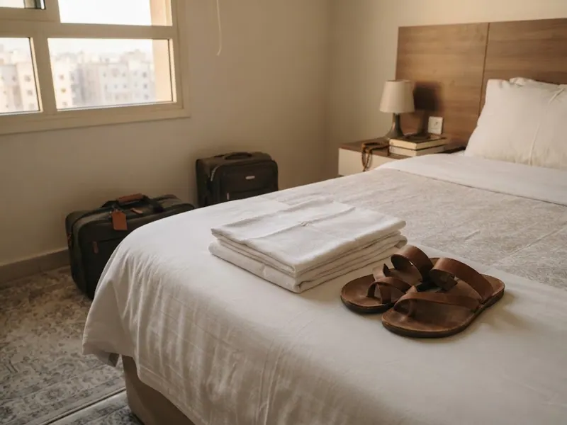 Yolculuk öncesi hazırlanmış katlı beyaz ihram ve terlik — Mina Nedir? Hac Ritüelleri ve Şeytan Taşlama Alanı