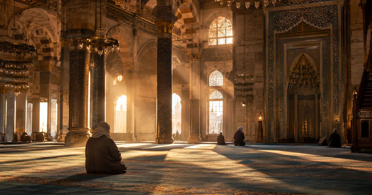 Namaz sonrası sakin cami içi, kemerlerden süzülen ışık — Mina ve Şeytan Taşlama Rehberi 2026: Adımları ve Kuralları