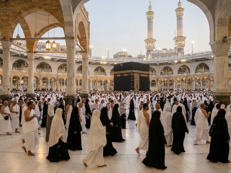 Mescid-i Haram avlusunda yürüyen umreciler — Orta Doğu Demiryolu Ağı: Türkiye, Suriye, Ürdün, Suudi Arabistan