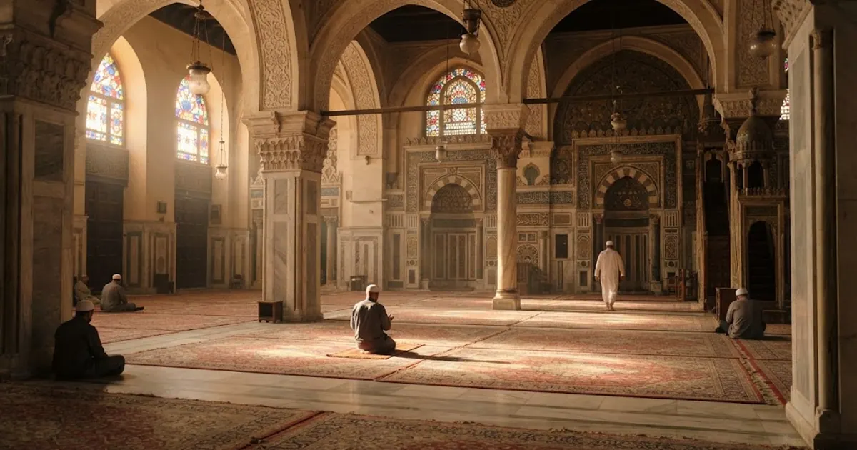 Namaz sonrası sakin cami içi, kemerlerden süzülen ışık — Osmanlı Hac Yolu ve Hicaz Demiryolu 2026: Tarihi Miras