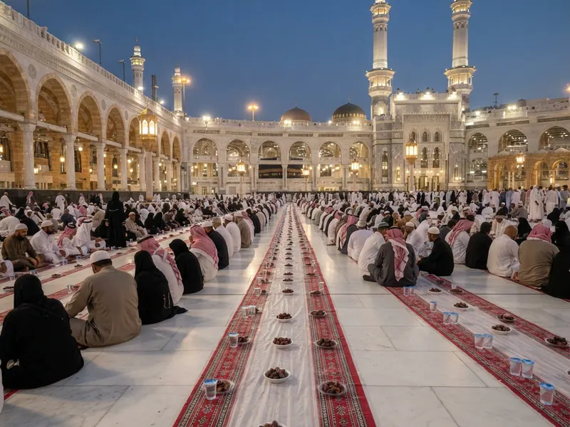 Sıcak bir günde gölge için açılmış cami avlusu şemsiyeleri — Ramazan Umresi Rehberi 2026: Faziletleri, Fiyatları ve Programı