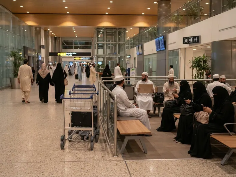 Havalimanı geliş salonu, karşılama alanı ve bagaj arabaları — Sedan vs Van Transfer Karşılaştırma 2026: Mekke-Medine