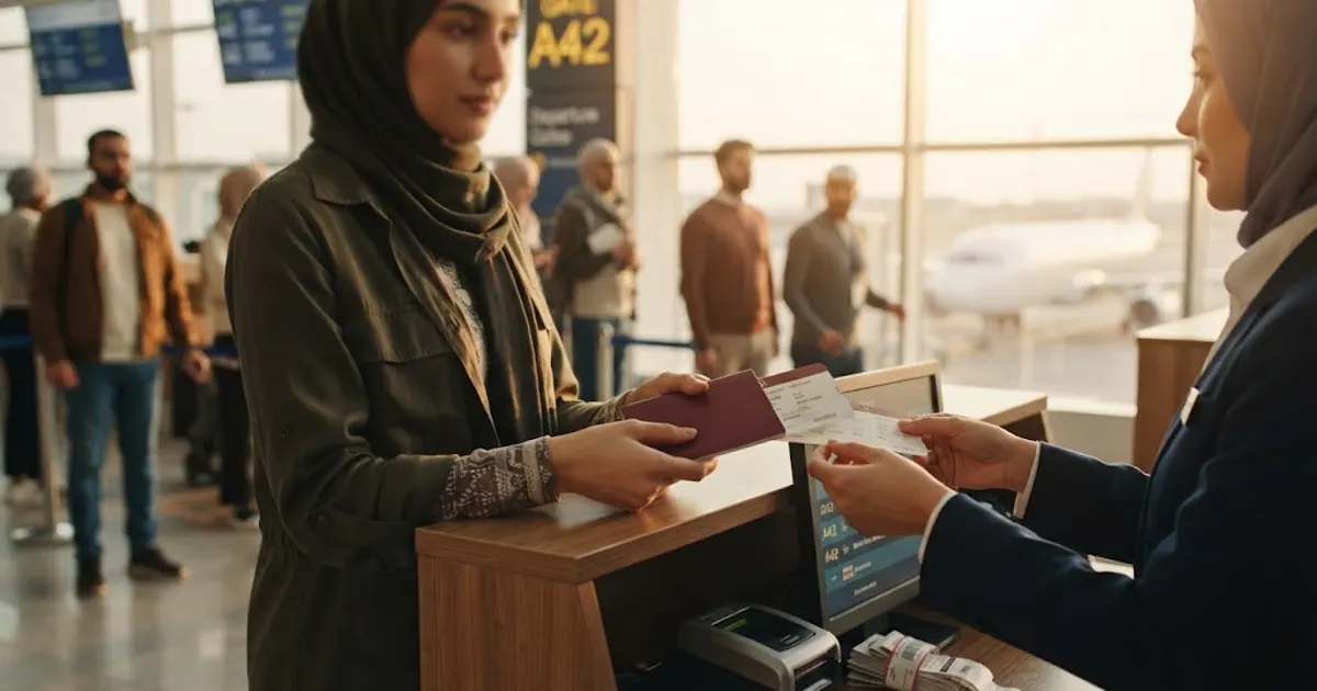 Kalkış kapısı önünde pasaport ve bilet tutan yolcu — Suudi Arabistan Vizesi 2026: Türkler İçin Başvuru Rehberi