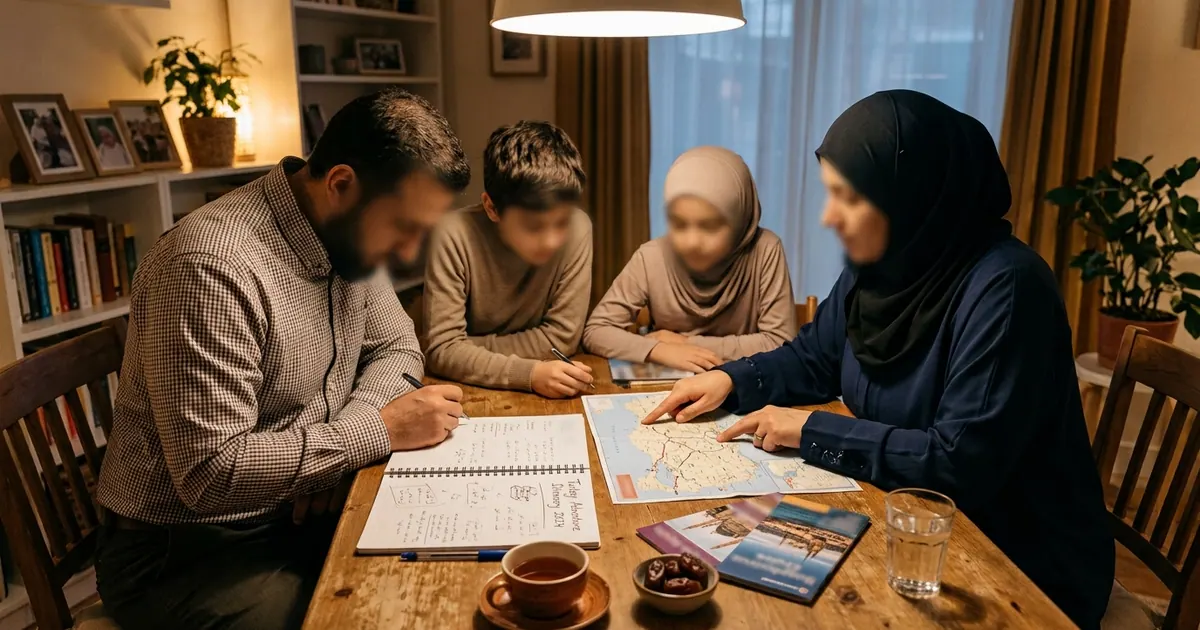 Yemek masasında birlikte seyahat planı inceleyen aile — Suudi Riyal TL Çevirici 2026 - Döviz Kuru ve Hesaplama