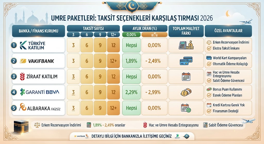 Taksitli umre banka taksit seçenekleri ve ödeme planı tablosu