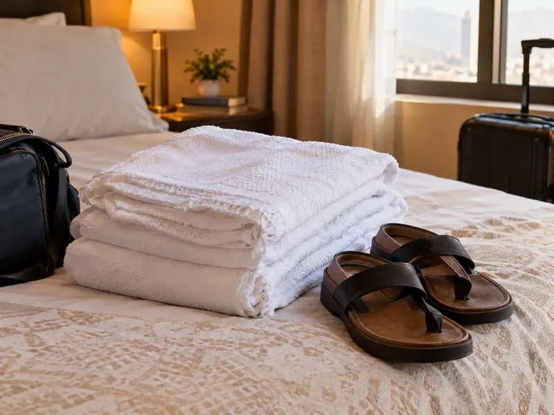 Yolculuk öncesi hazırlanmış katlı beyaz ihram ve terlik — Tavaf Nedir? Nasıl Yapılır? Adım Adım Rehber 2026