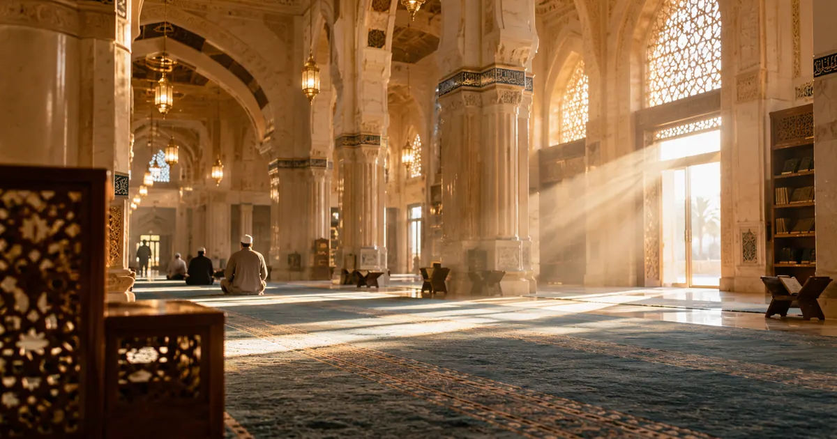 Namaz sonrası sakin cami içi, kemerlerden süzülen ışık — Tavaf Nedir? Nasıl Yapılır? Adım Adım Rehber 2026