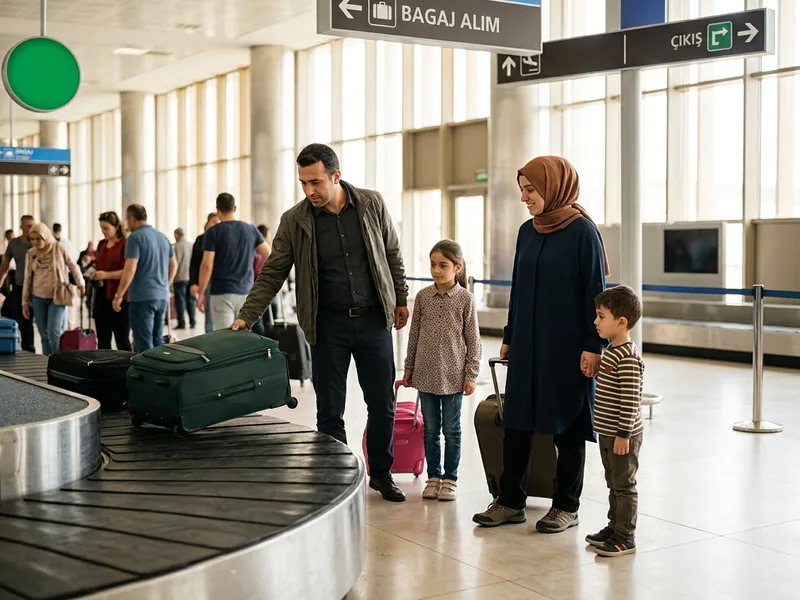 Umre dönüşü bagajlarını teslim alan ve gümrükten geçen aile