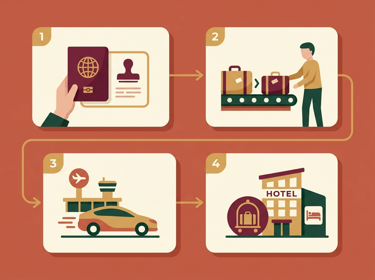 Umre havalimanı karşılama özet infografik görseli, adımları özetleyen tasarım