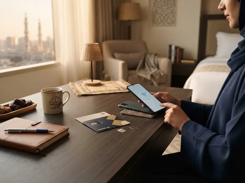 Otel masasında SIM kart paketi ve telefon — Umre İçin En İyi Telefon Uygulamaları 2026
