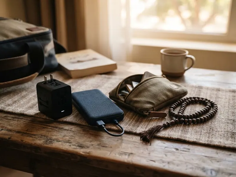 Küçük seyahat aksesuarları: adaptör, powerbank, kese ve tesbih — Umre İçin En İyi Tespih: Malzeme ve Seçim Rehberi