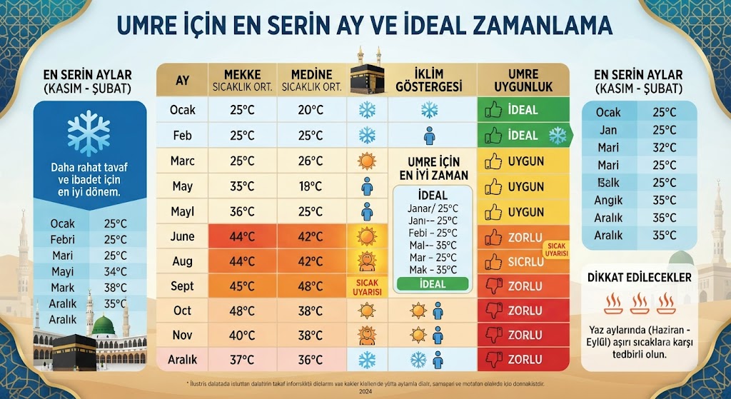 Mekke ve Medine aylık sıcaklık ortalaması tablosu, umre uygunluğu değerlendirmesi