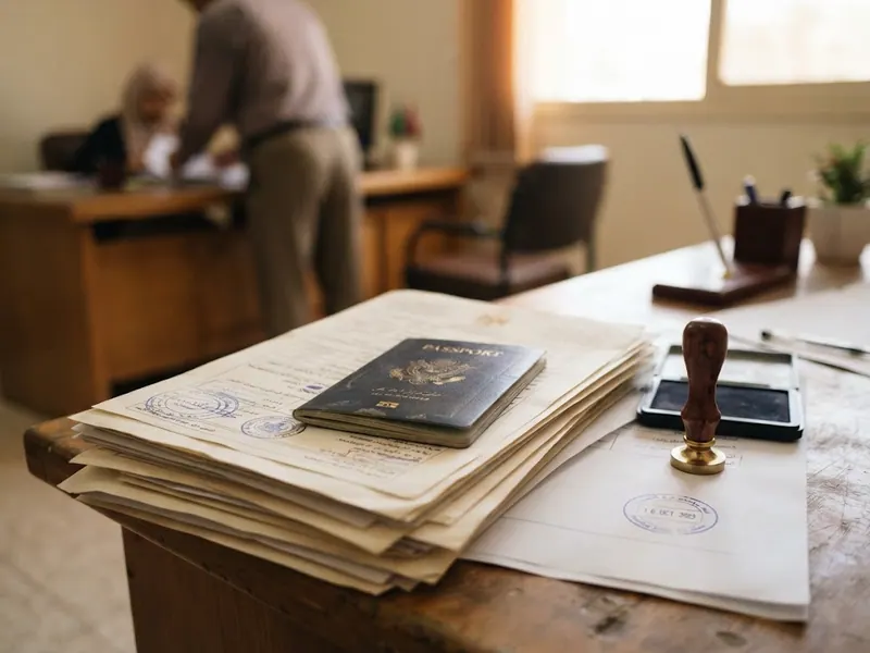 Üstünde pasaport duran resmî evrak yığını ve mühür — Umre Belgeleri: Zorunlu ve Önerilen Tam Liste