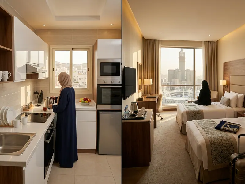 Kiralık daire mutfağı ve otel odası karşılaştırması — Umre'de Kiralık Daire Mi Otel Mi? 2026 Karşılaştırma Rehberi