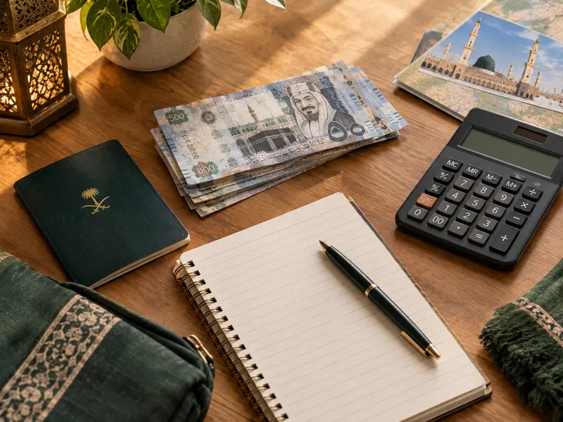 Hesap makinesi, riyal banknotları ve pasaportla bütçe planlaması masası — Umre Lüks Paketleri 2026 — VIP Konfor ve Özel Hizm…