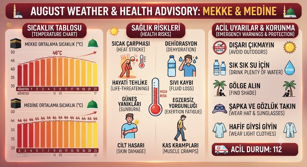 Ağustos ayında Mekke ve Medine sıcaklık tablosu, sıcak hava uyarısı ve sağlık riskleri