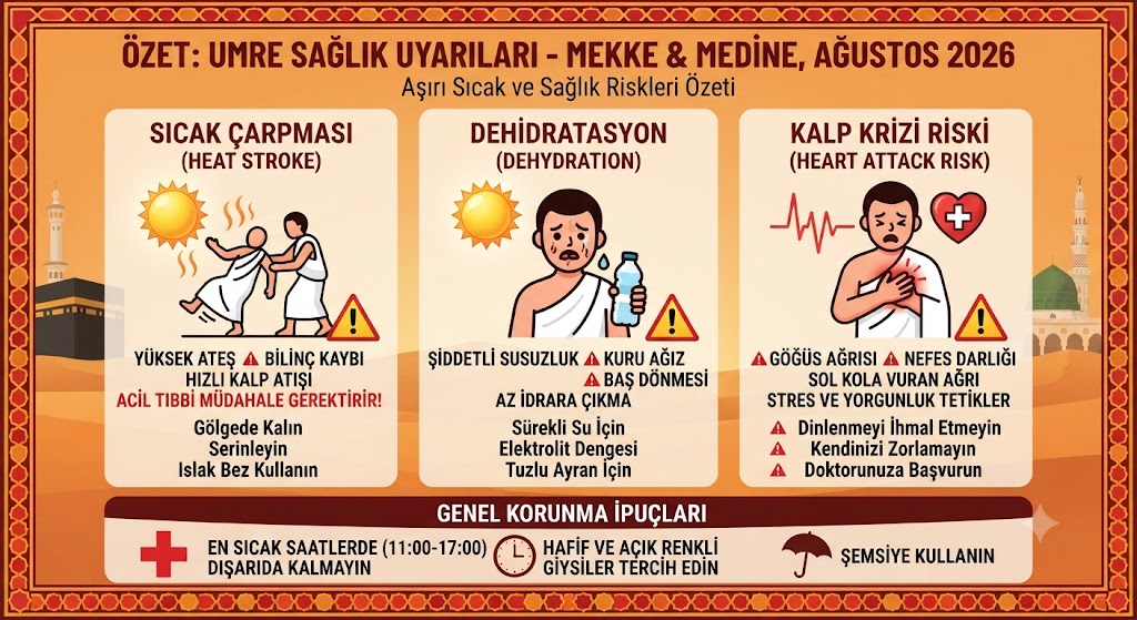 Ağustos ayı umre sağlık uyarıları özeti: sıcak çarpması, dehidratasyon, kalp krizi riski