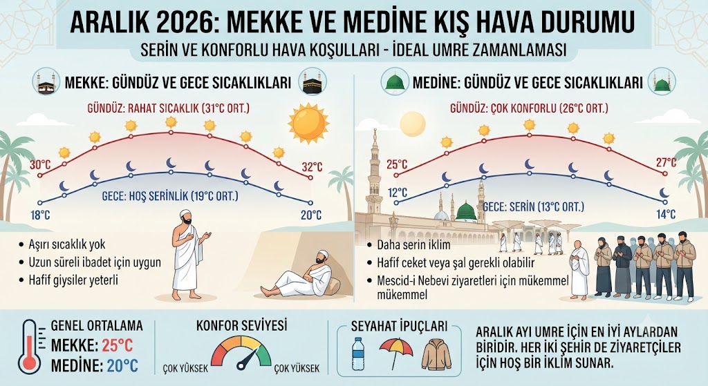Aralık ayı Mekke ve Medine sıcaklık tablosu ve hava durumu grafiği