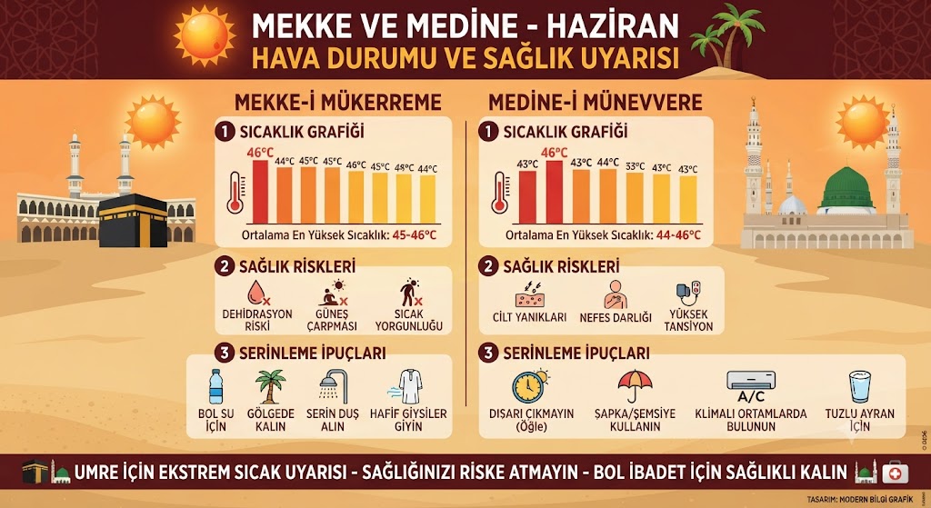 Haziran ayında Mekke ve Medine sıcaklık tablosu ve sıcak hava uyarısı