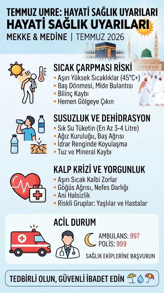 Haziran ayı umre sağlık uyarıları özeti: sıcak çarpması riski, dehidratasyon, önlemler