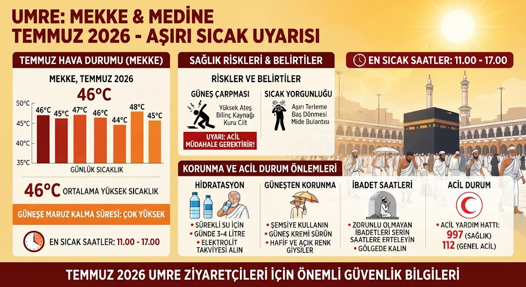Temmuz ayında Mekke ve Medine sıcaklık tablosu ve sıcak hava uyarısı